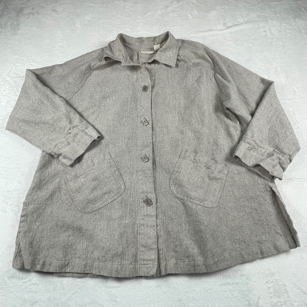 J. Jill 1X Linen Blend Button Front Jacket‎ Gray Oatmeal Oversized Pockets 387